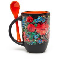 Чашка "Петриковская роспись", с ложечкой, оранжевая 380 мл