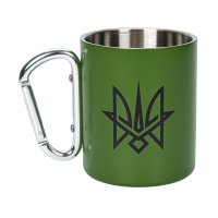 Чашка Тризуб зелений, металева з подвійними стінками та карабіном, 300 мл