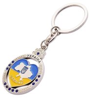 Брелок металевий – Серце з картою України в колі (стрази сині)