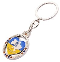 Брелок металевий – Серце з картою України в колі (стрази синьо-жовті)