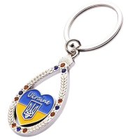 Брелок металевий – Серце з гербом (крапля, стрази синьо-жовті)