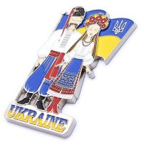 Металевий магніт "Українська парочка з прапором", срібло, сині шаровари