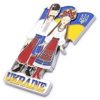 Металевий магніт "Українська парочка з прапором", срібло, червоні шаровари