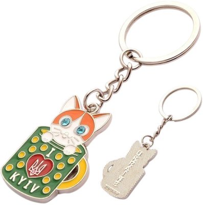 Брелок металевий – I love Kyiv (котик зі стразами, зелений)