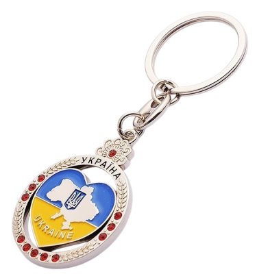 Брелок металевий – Серце з картою України в колі (стрази червоні)